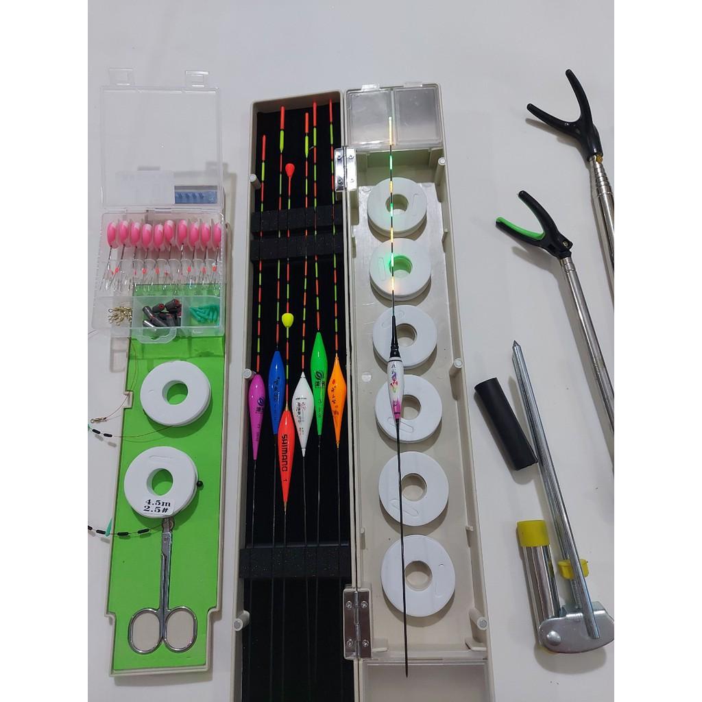 Bộ combo phụ kiện câu đài có 2 bộ trục buộc sẵn.hộp đựng phao câu và phụ kiện