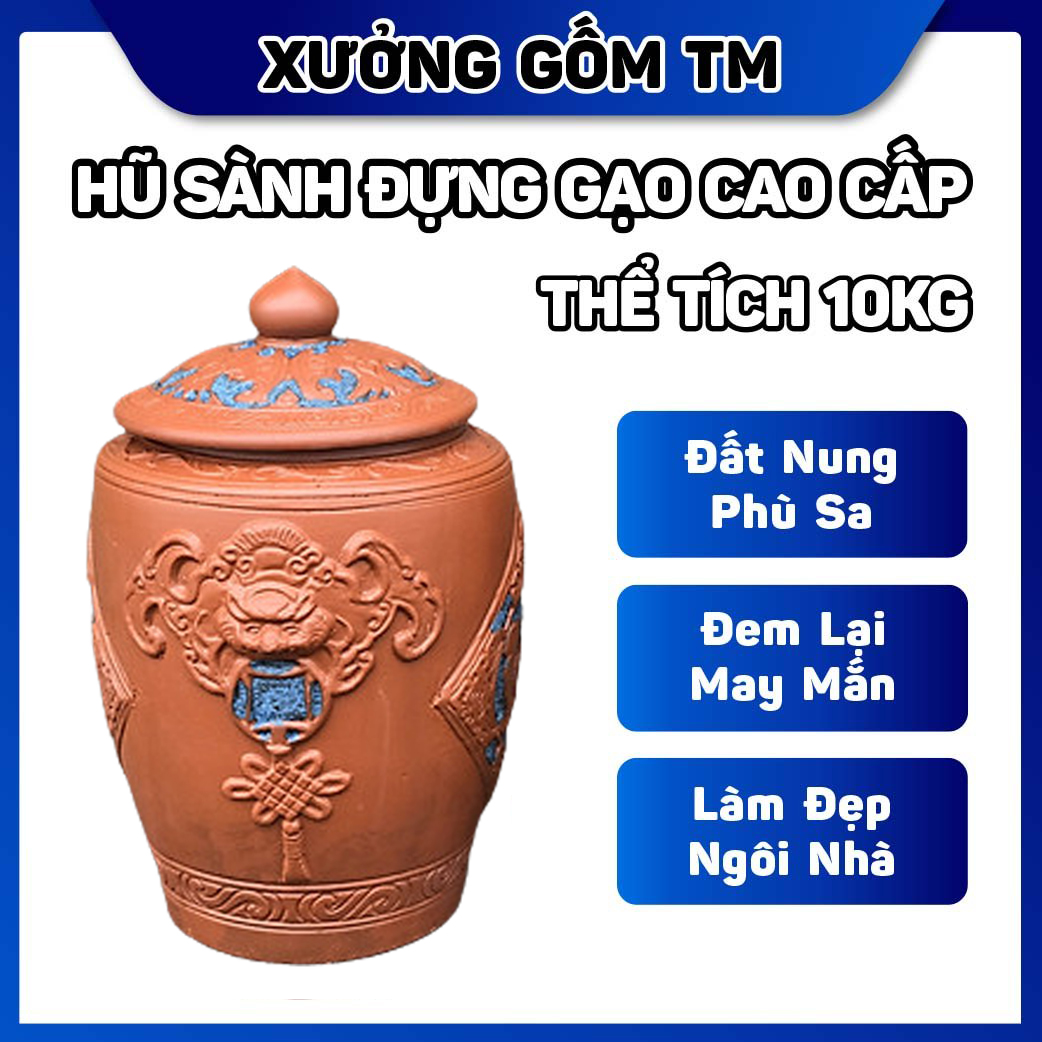 Hủ sành đựng gạo gốm sứ Bát Tràng nắp nhọn Tài Lộc điêu khắc hoa văn