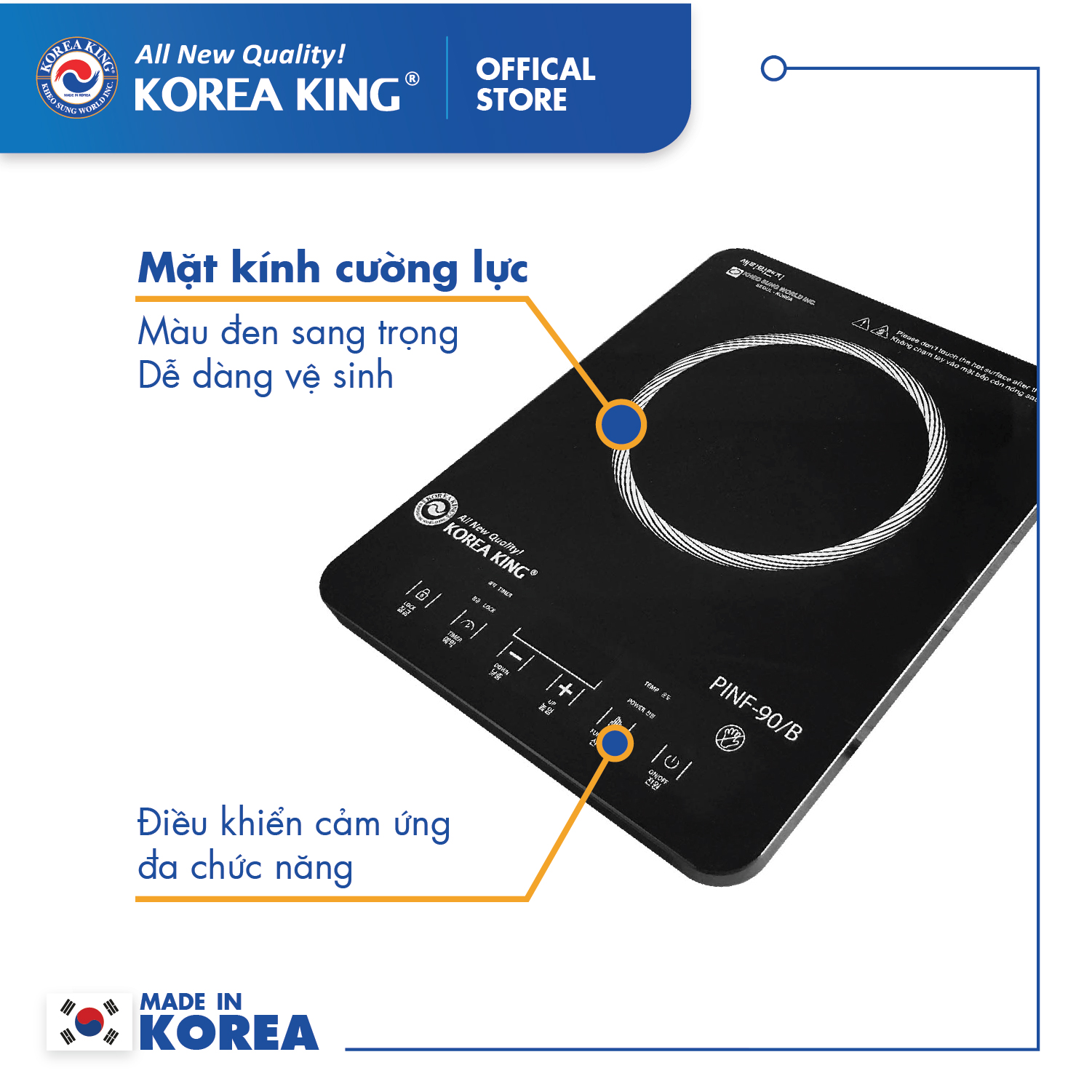 Bếp hồng ngoại Korea King PINF -90B (bếp đơn, mặt kính cường lực, công suất 2000W )-Hàng chính hãng