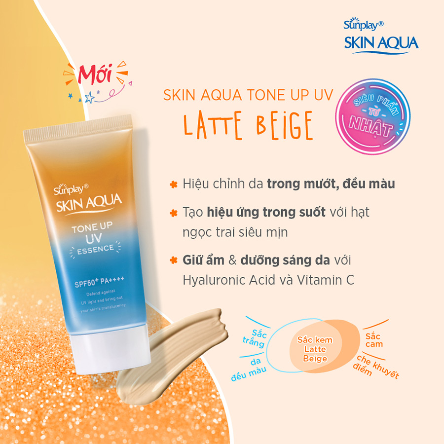 Kem chống nắng nâng tông Skin Aqua Tone up Latte Beige cho mọi tông da, dạng tinh chất Sunplay Skin Aqua Tone Up UV Essence Latte Beige SPF 50+ PA++++ 50g