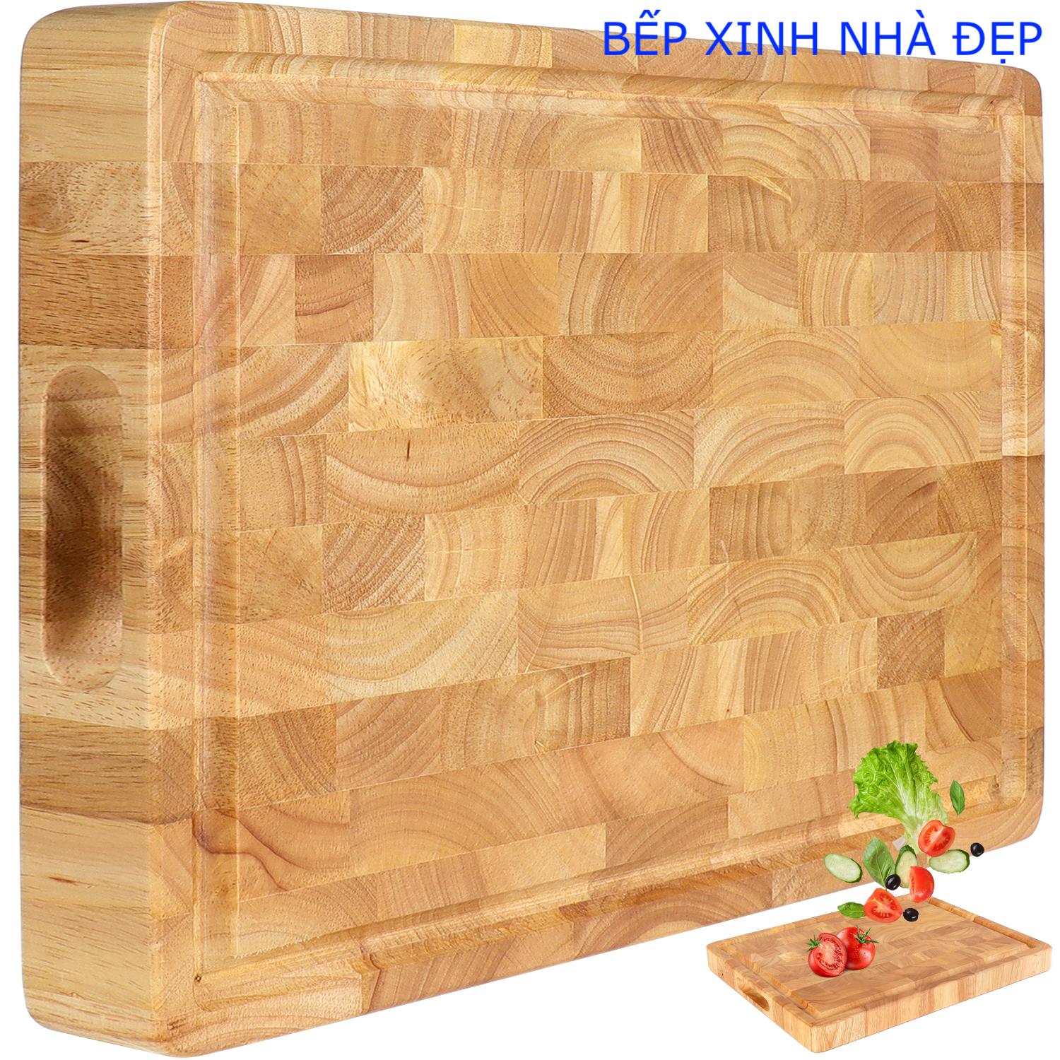 THỚT SỚ LẬT GỖ CAO SU TO VÀ DÀY, KT 41x31x3.8cm, CÓ RÃNH THU NƯỚC & GOM THÀNH PHẨM VÀ LỖ TAY CẦM 2 BÊN