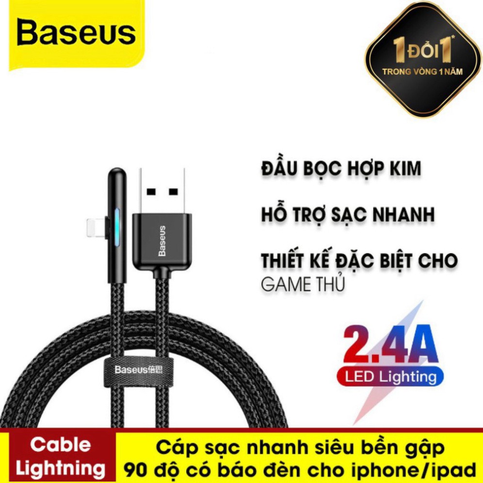 Cáp Sạc Và Truyền Dữ Liệu Gập 90 Độ USB To Lightning Có Đèn LED (2.4A) - Hàng Chính Hãng Baseus