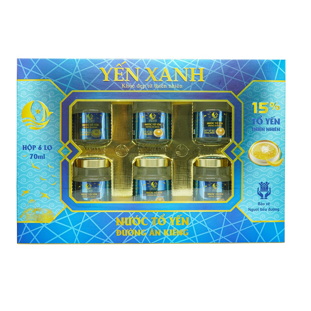 Nước tổ yến đường ăn kiêng - YẾN XANH (15% tổ yến) - Hộp 6 lọ x 70ml tặng kèm túi, tốt cho người bị tiểu đường, người cần ăn kiêng