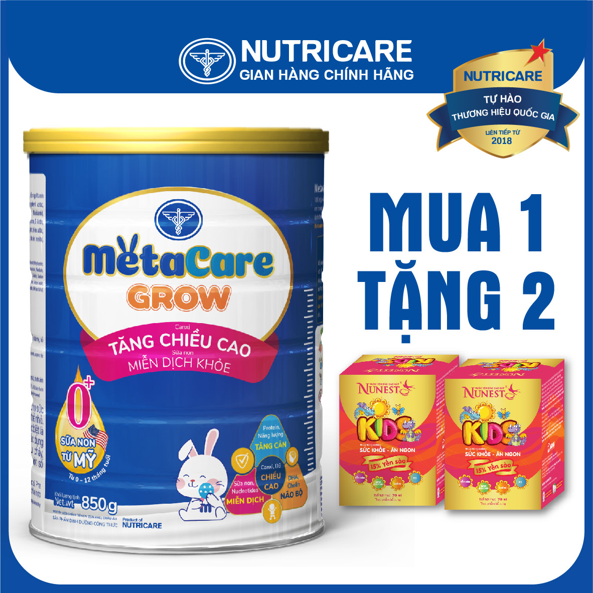 [Tặng 2 lọ yến] Sữa bột Nutricare MetaCare GROW 0+ tăng chiều cao và miễn dịch 850g