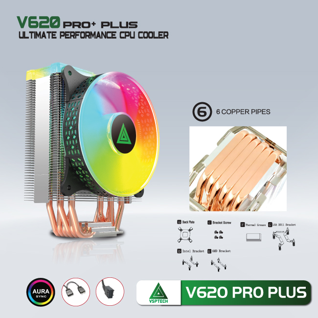 Quạt tản nhiệt CPU VSP V620 Pro plus Fan 12cm LED RGB 6 ống đồng - Hàng chính hãng TECH VISION phân