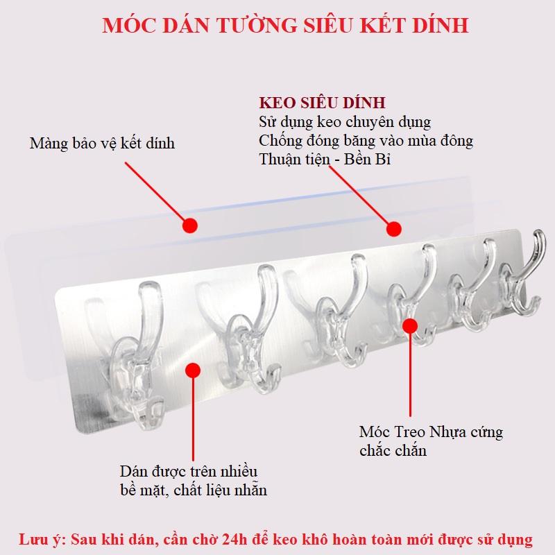 Thanh Treo Đồ 6 Móc Trong Suốt - Tiện Lợi Dán Tường Siêu Dính - Treo Được Nhiều Đồ Hơn - Tiết Kiệm Không Gian Nhà Ở - Hàng Loại 1