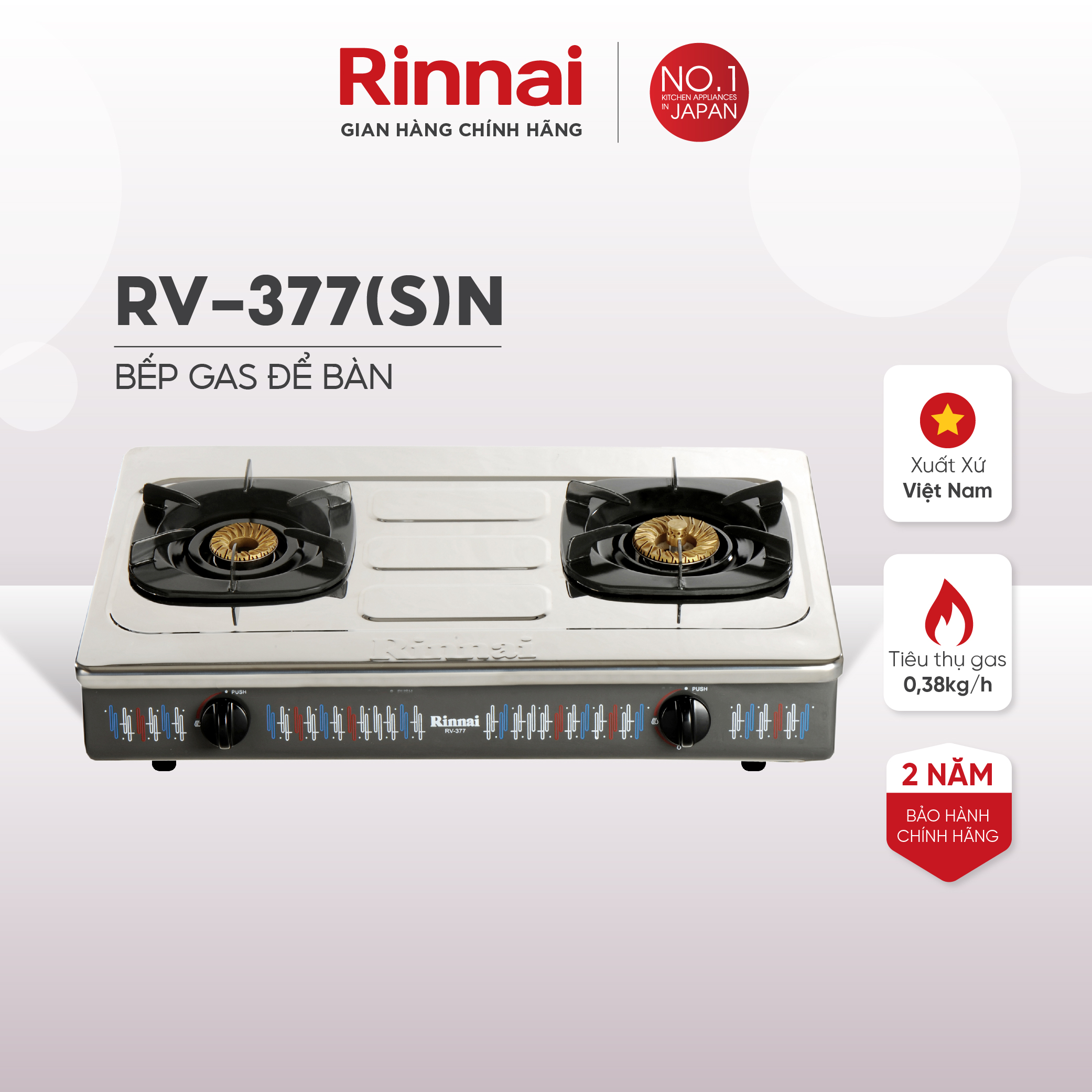 Bếp gas dương Rinnai RV-377N mặt bếp inox và kiềng bếp men - Hàng chính hãng.