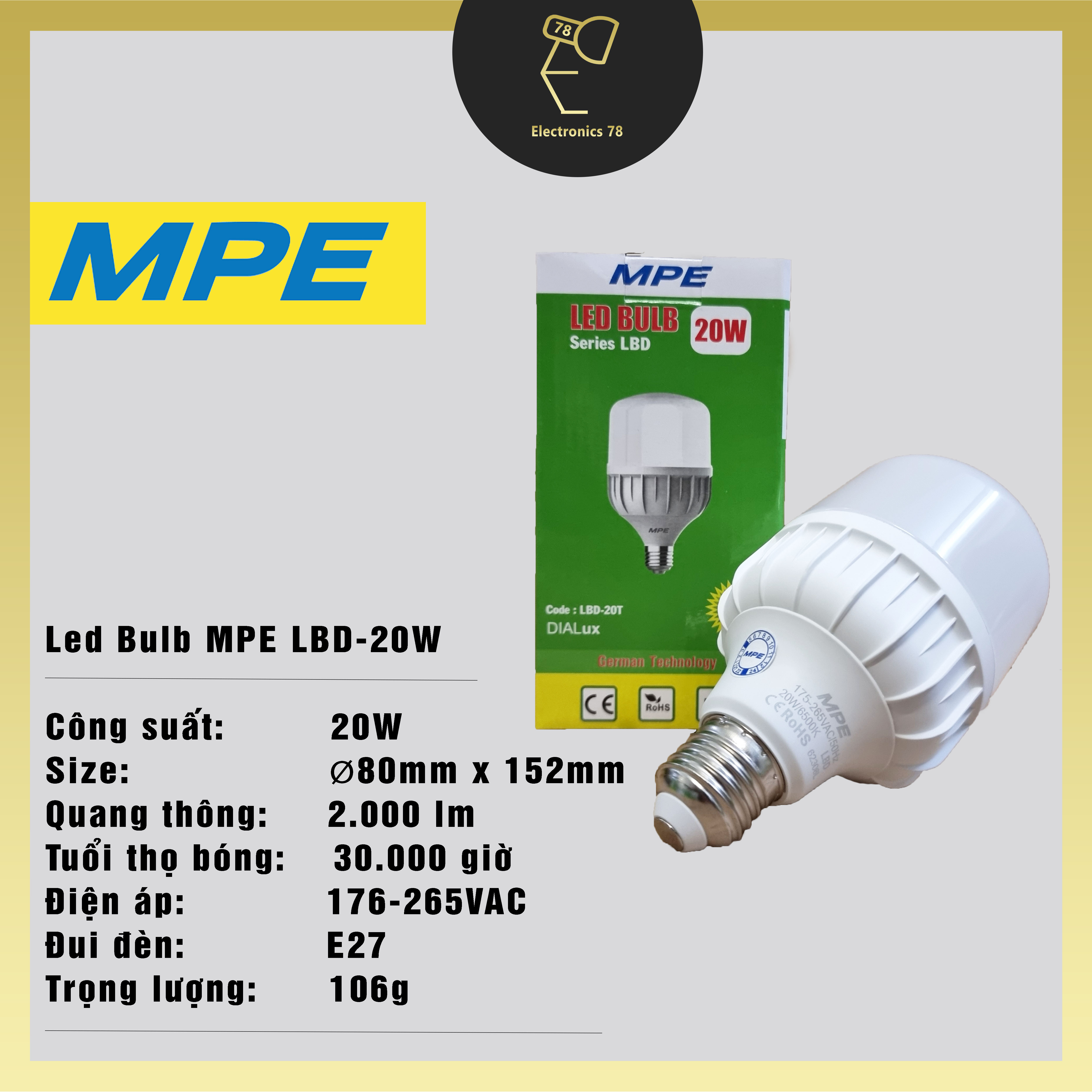 Bóng Led Trụ MPE, Ánh sáng Trắng/Vàng [20W - 30W - 40W - 50W]