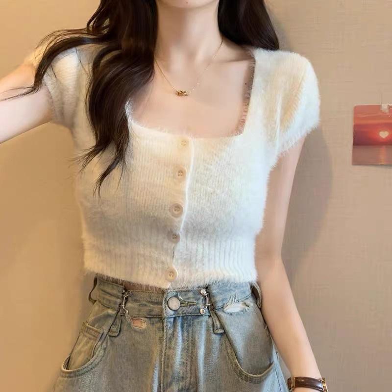 Áo len cổ vuông ngắn tay chất len lông thỏ, Áo cardigan len croptop hàng Quảng Châu