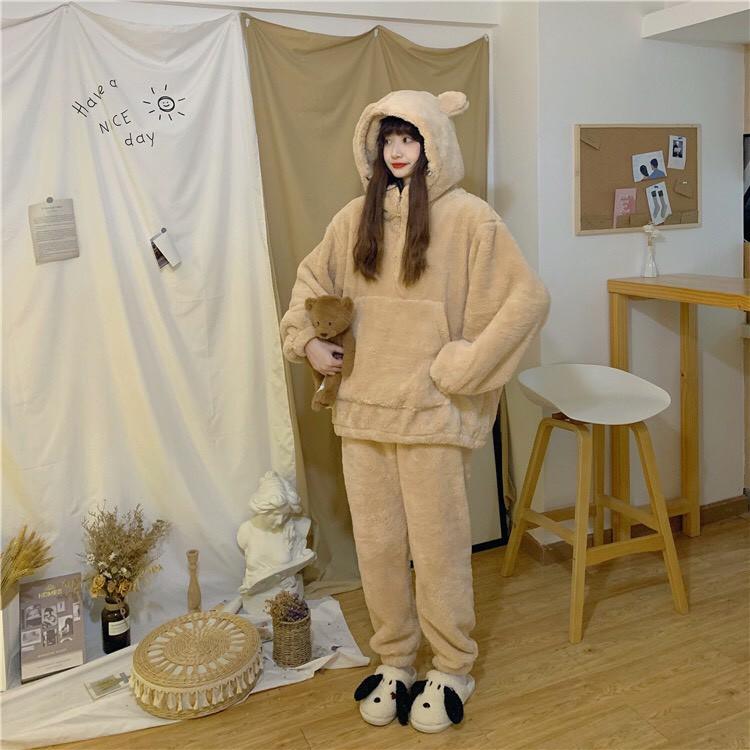Set Nỉ Bông Cosplay Gấu Nữ - Rere.Store - Bộ quần dài dáng suông kèm áo hoodie tai gấu bánh bèo