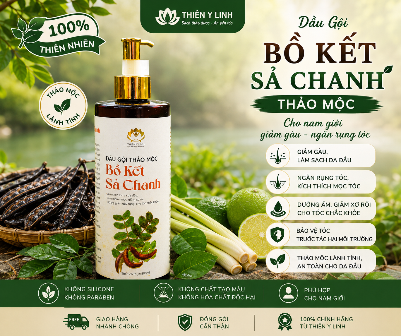 Dầu Gội Bồ Kết Sả Chanh thảo mộc cho nam giới giảm gàu ngăn rụng tóc