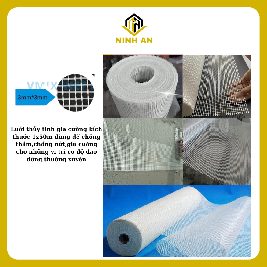 Lưới thủy tinh gia cường dùng để chống thấm đường kính lưới 3x3mm  ( kích thước cuộn 1m x 50m )