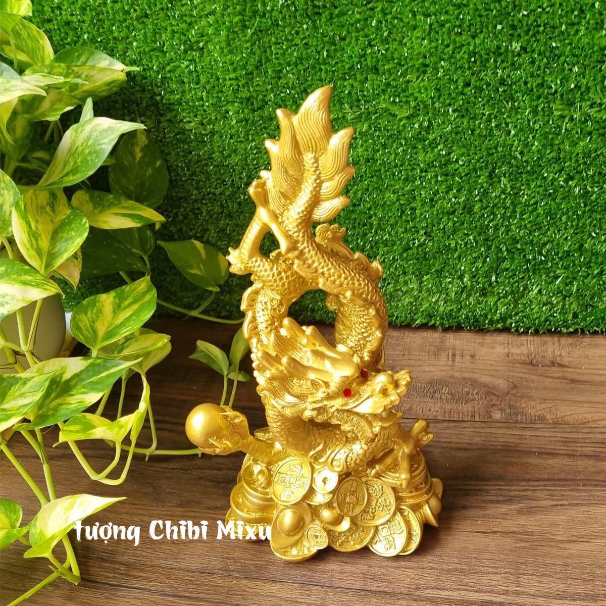 Tượng Rồng cuộn sơn nhũ ngang 14cm x cao 27cm