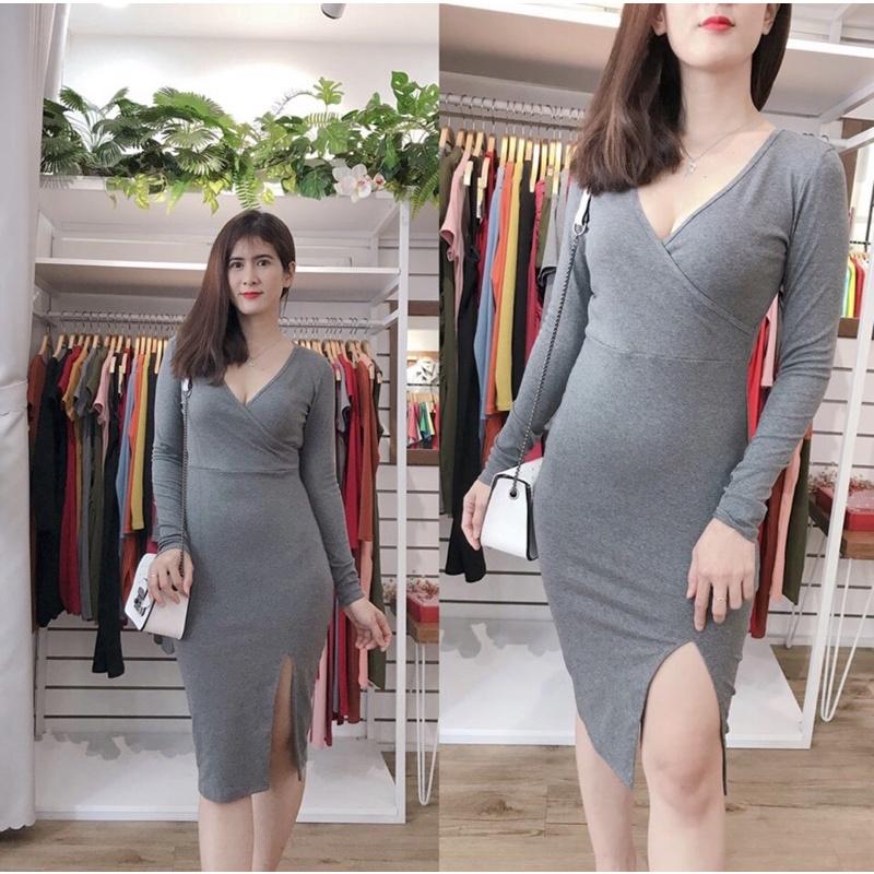 F275 Đầm ôm body cổ tim đắp chéo tay dài xẻ đùi trái