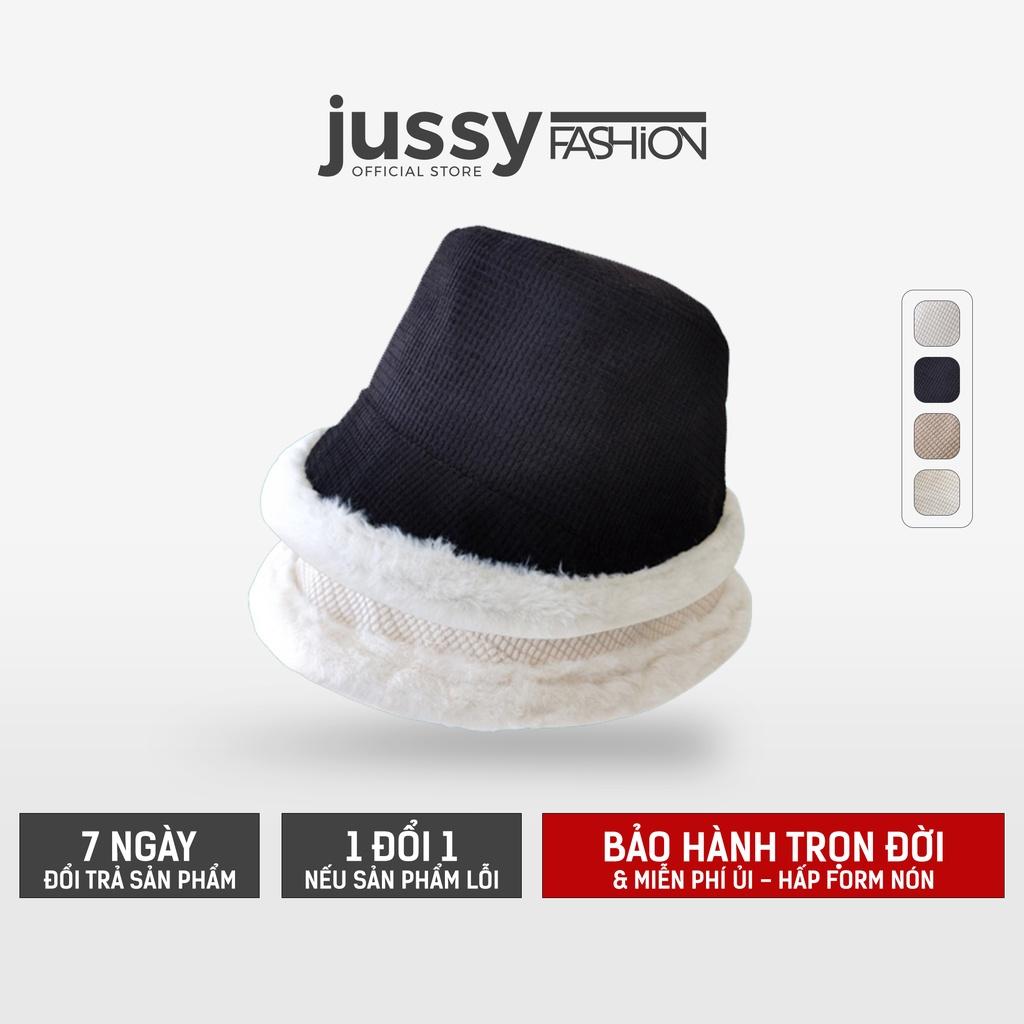 Mũ Bucket Nỉ Viền Lông Vành Xéo Jussy Fashion Nón Tai Bèo Len Lông Dày 2 Lớp Giữ Ấm Đầu Có Dây Rút Bên Trong