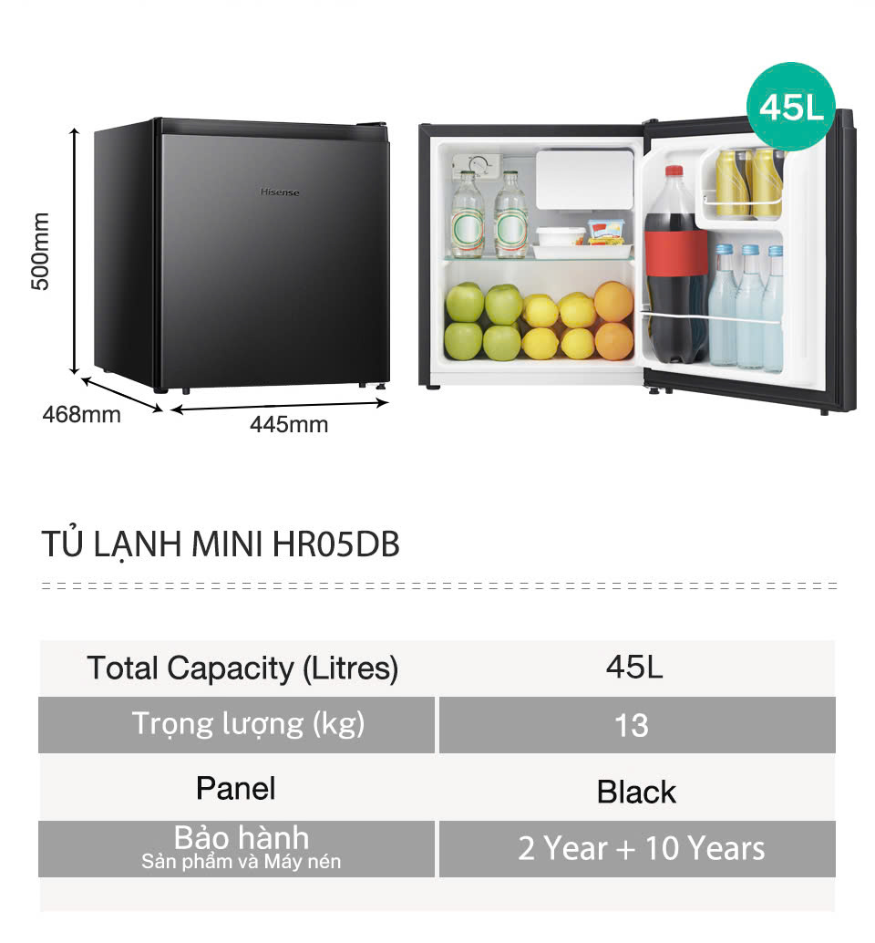 Tủ lạnh Mini Bar Hisense 45 Lít HR05DB tiết kiệm điện, thiết kế gọn nhẹ, bảo hành 24 tháng - HÀNG CHÍNH HÃNG