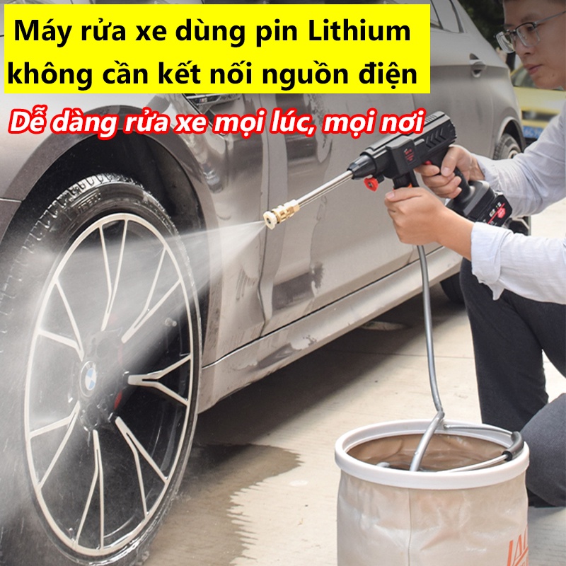 Máy rửa xe mini dùng pin áp lực cao không dây xịt rửa xe máy ô tô sân vườn kèm phụ kiện hàng cao câp