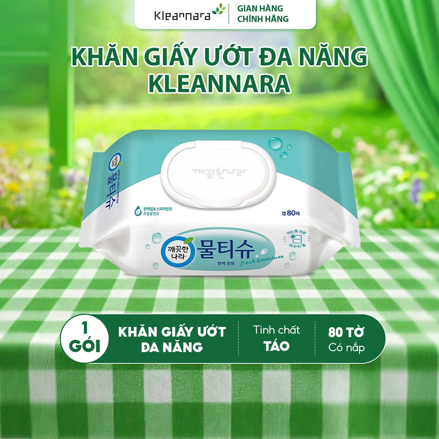 Khăn ướt đa năng KLEANNARA Hương táo & bạc hà (có nắp) - 80 tờ