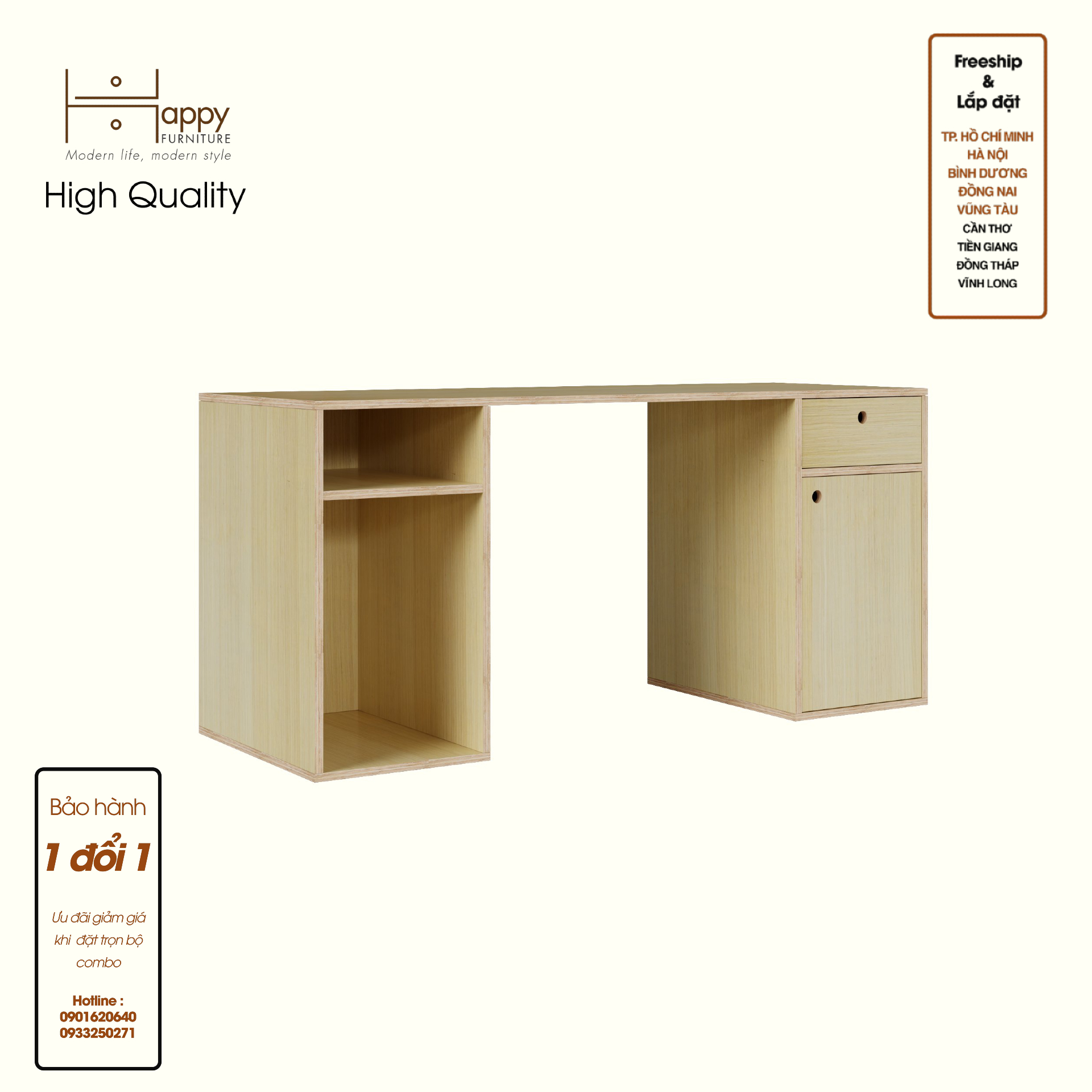 HAPPY FURNITURE , Gỗ tự nhiên , Bàn làm việc 1 ngăn kéo gỗ Plywood - SANARI , BAN_109 , 160cm x 59cm x 75cm DxRxC