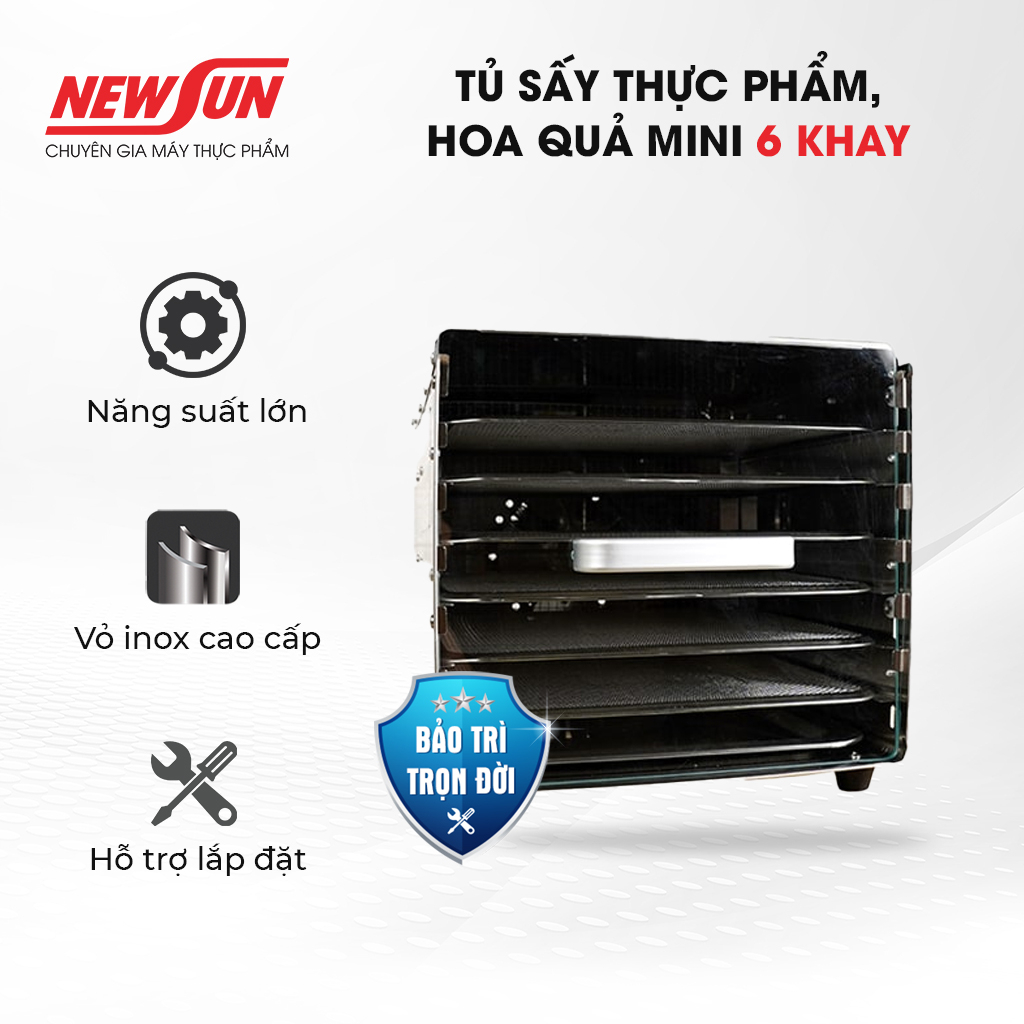 Tủ sấy thực phẩm mini dùng cho gia đình 6 khay NEWSUN -  Sấy khô đảm bảo chất lượng, năng suất cao - Hàng chính hãng