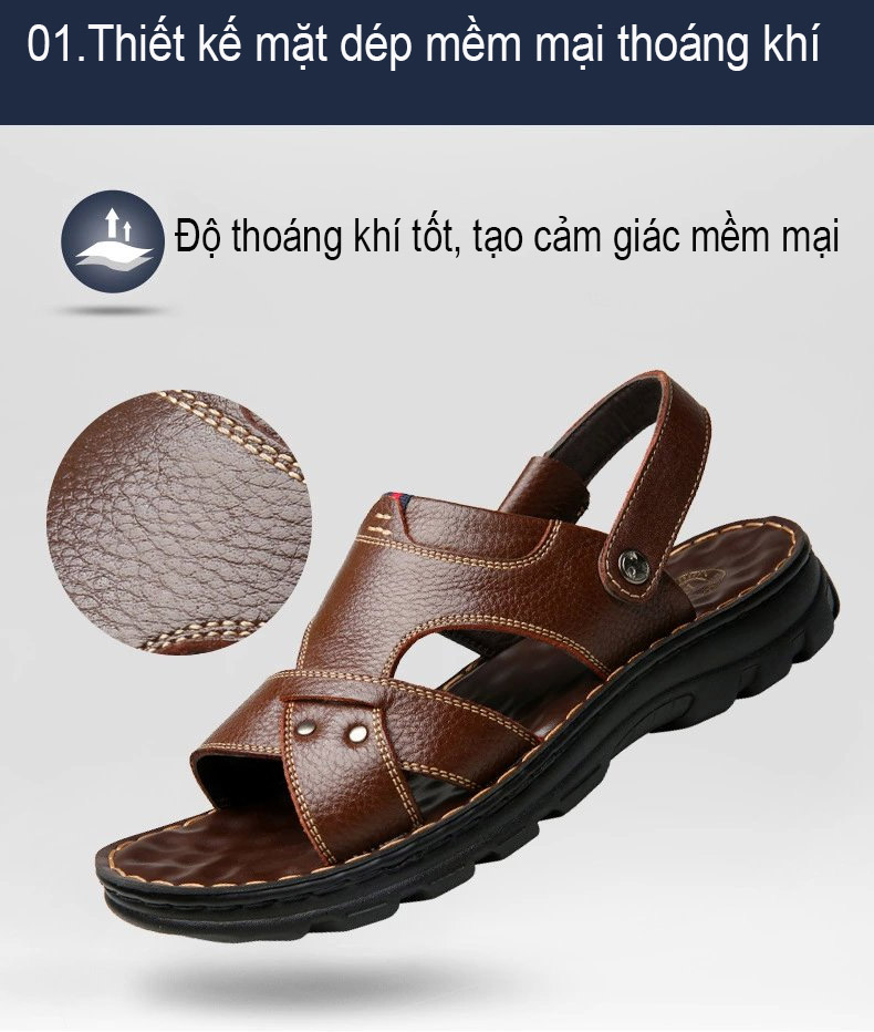 Dép sandals cho nam bằng da thật thiết kế đế mềm kiểu dáng mới mã DQH10321