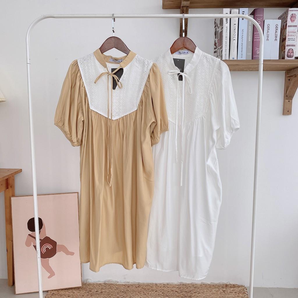 Váy dáng suông, ngực ren buộc nơ, đầm xuông bầu rộng freesize, tay, 2 màu mã V172 - Michi's House