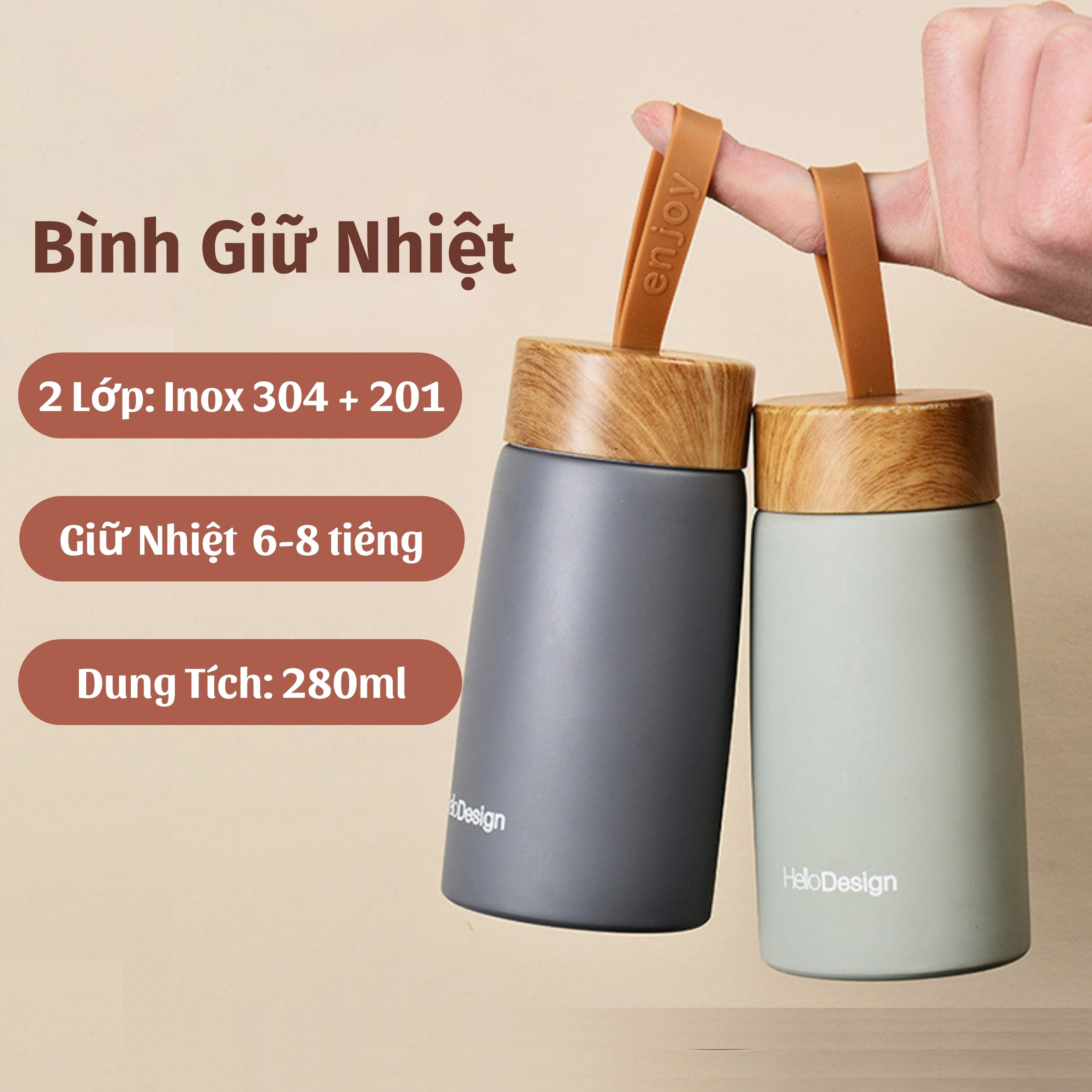 Bình Đựng Nước Giữ Nhiệt Dung Tích 280ml Họa Tiết Vân Gỗ Sang Trọng BGN22