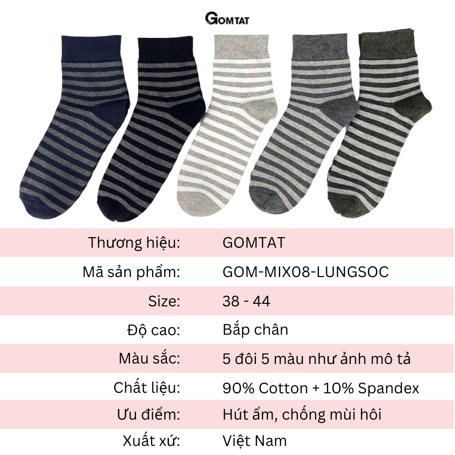 Vớ cổ lửng nam mẫu sọc ngang cao cấp thoáng mát, tất nam cổ trung chất liệu cotton hút ẩm thoáng khí - GOM-MIX08-1DOI