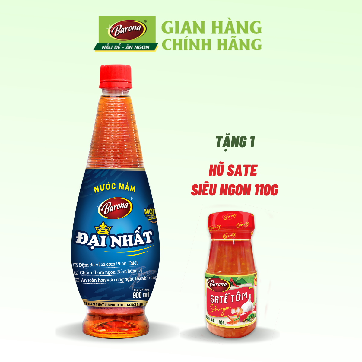 Nước Mắm Barona Đại Nhất 12 độ đạm - 900ml Tặng 1 hũ Sate Siêu Ngon 100g
