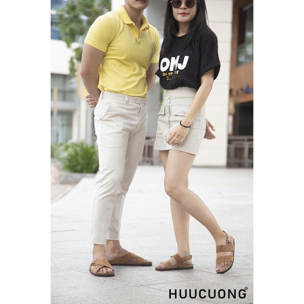 Sandal Unisex HuuCuong 2 quai da bò nâu đế trấu handmade