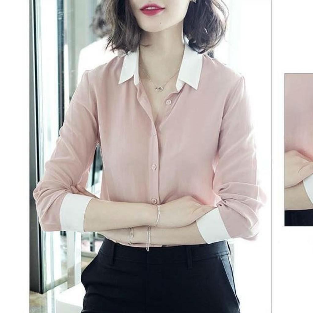 Áo Sơ Mi Nữ Trơn Dài Tay Viền Cổ Trắng L3 Chất Kate Mềm Mịn, Tạo Cảm Giác Thoải Mái Cho Người Mặc