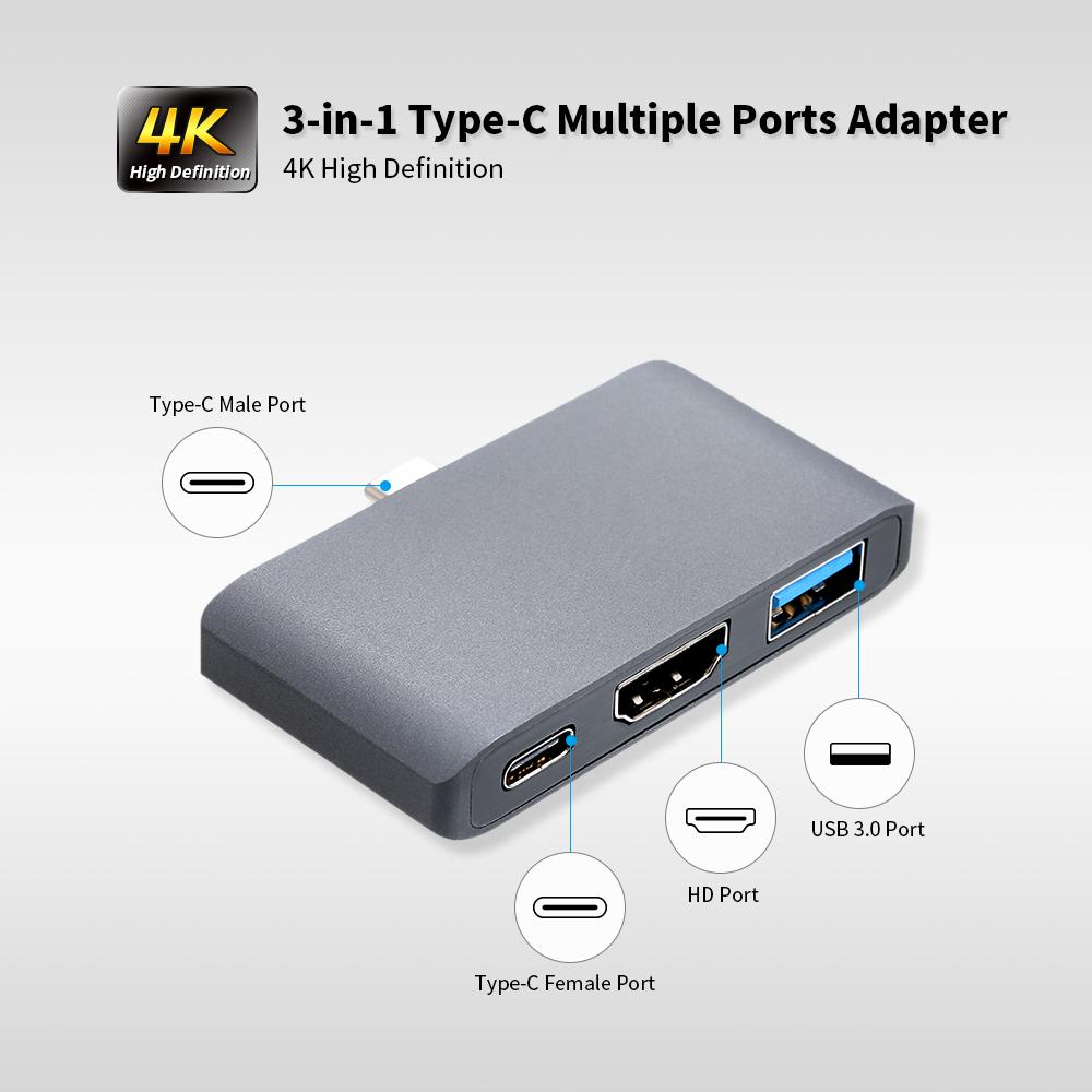Bộ chuyển đổi đa cổng Type-C sang HD / USB 3.1 Bộ chuyển đổi Hub 3 trong 1 Truyền dữ liệu nhanh 4K UHD cho máy chiếu Điện thoại trình điều khiển USB