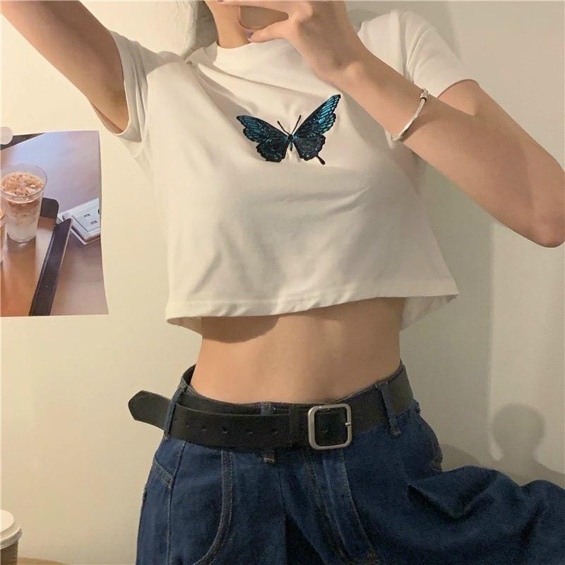 Áo Croptop tay ngắn thêu hình bướm siêu xinh