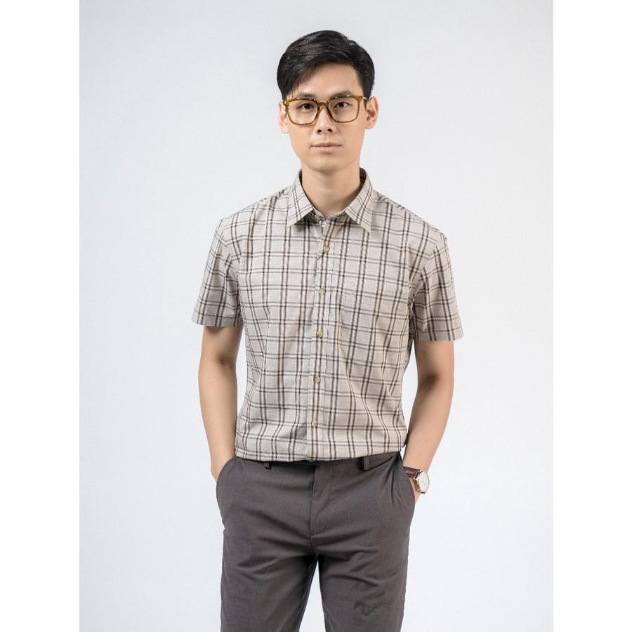 OWEN - Aó sơ mi ngắn tay Owen Regular fit chất sợi tre 220128 kẻ ca rô be nâu