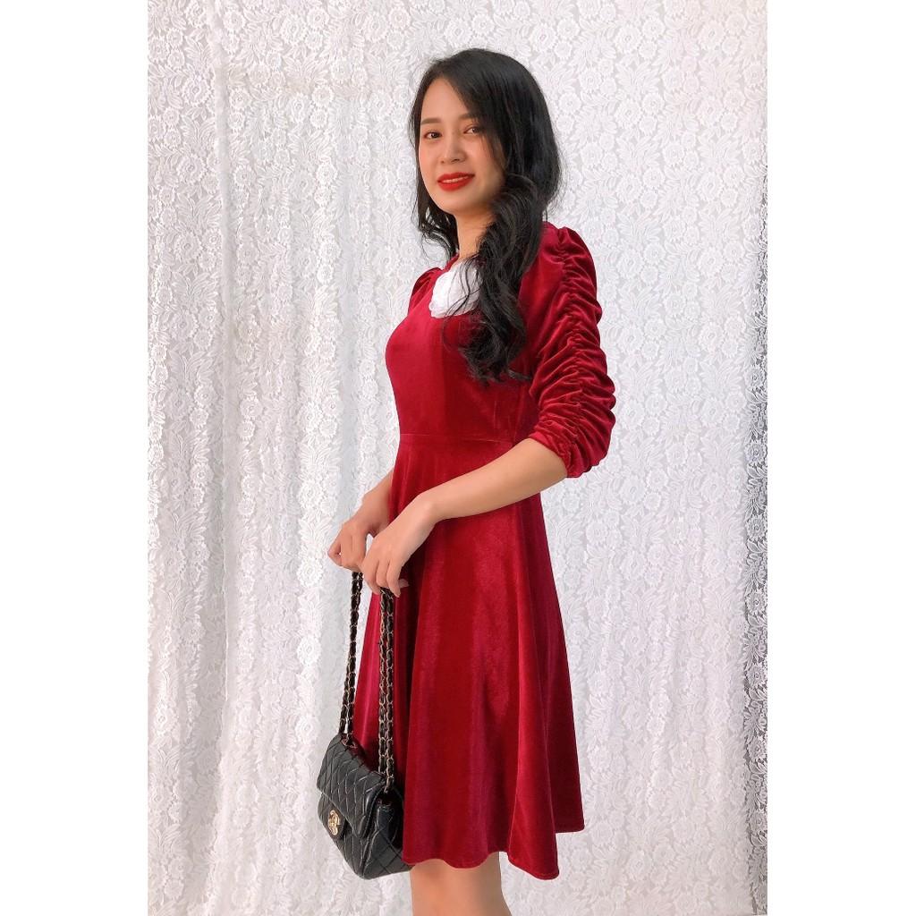 Đầm xòe nhung cổ tròn tay nhún đinh hoa hồng