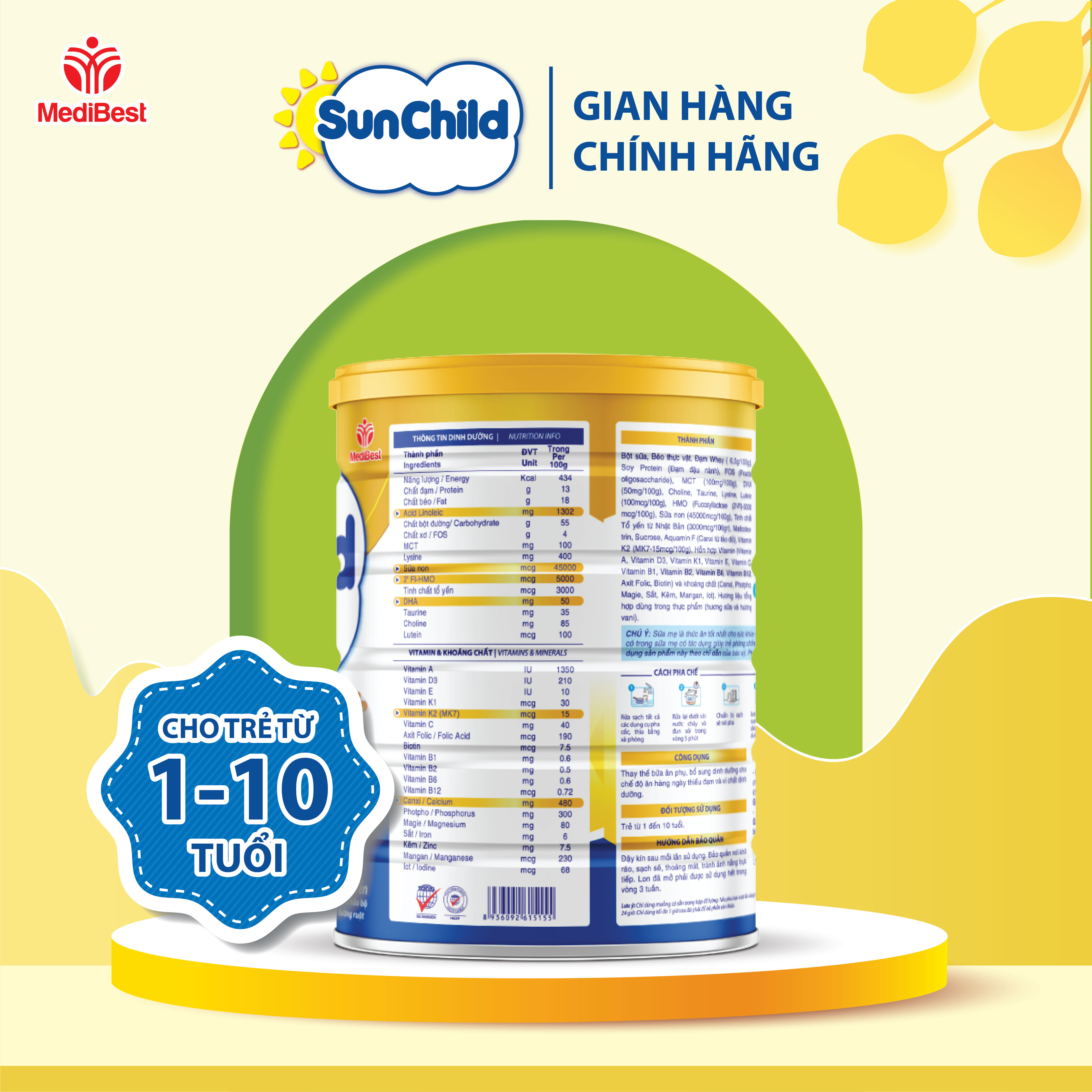 Sữa bột SunChild Premium GROW IQ -  Dinh dưỡng cho bé cao lớn và thông minh