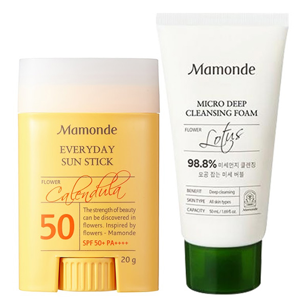 Bộ đôi thỏi chống nắng bảo vệ da ráo mịn Mamonde Everyday Sun Stick SPF 50+ PA++++ 20g &amp; Sữa rửa mặt làm sạch bụi bẩn 50ml