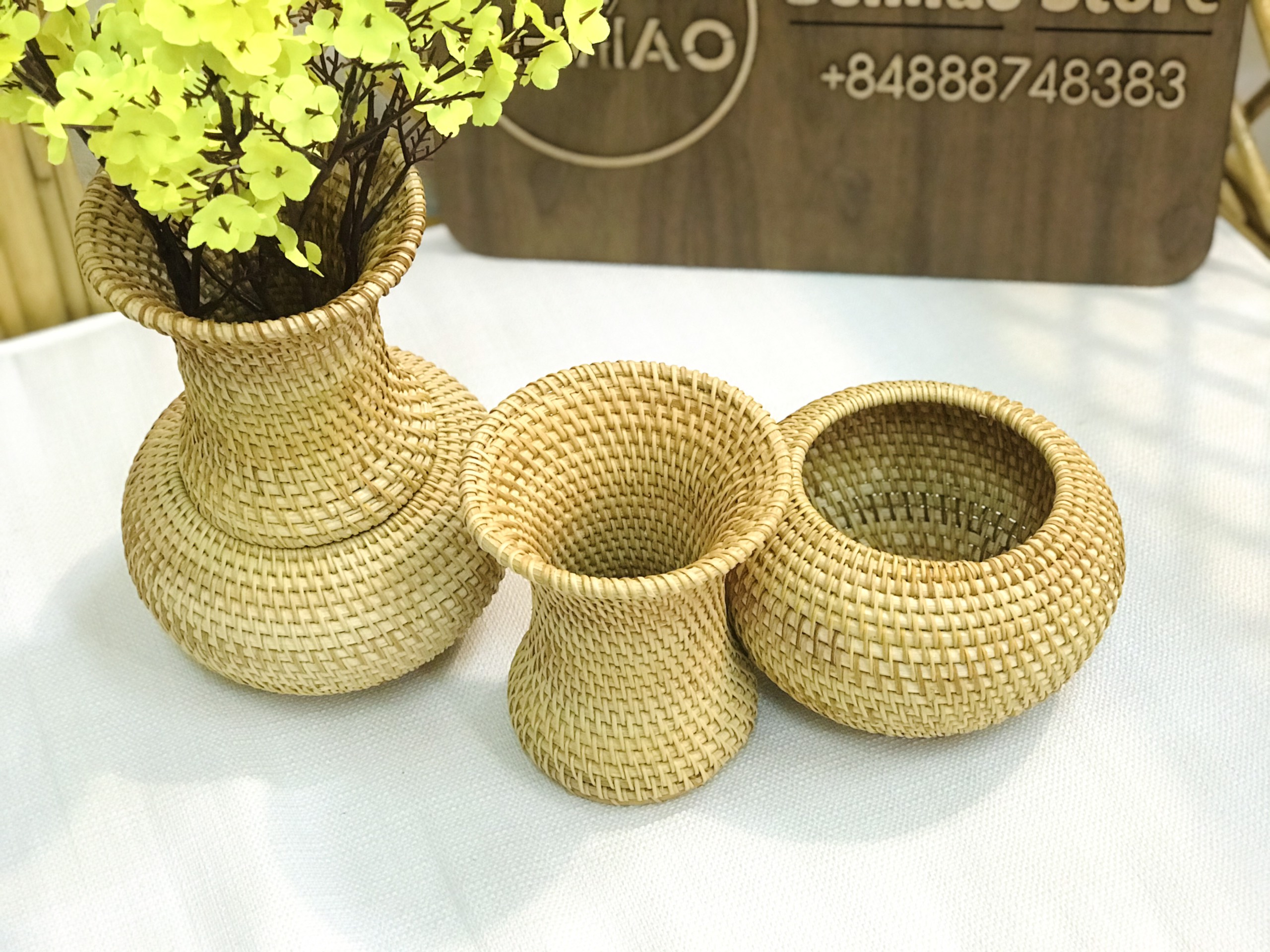 Lọ hoa đan bằng mây tre, Lọ hoa trang trí 2 chi tiết, Lọ hoa Decor tách rời