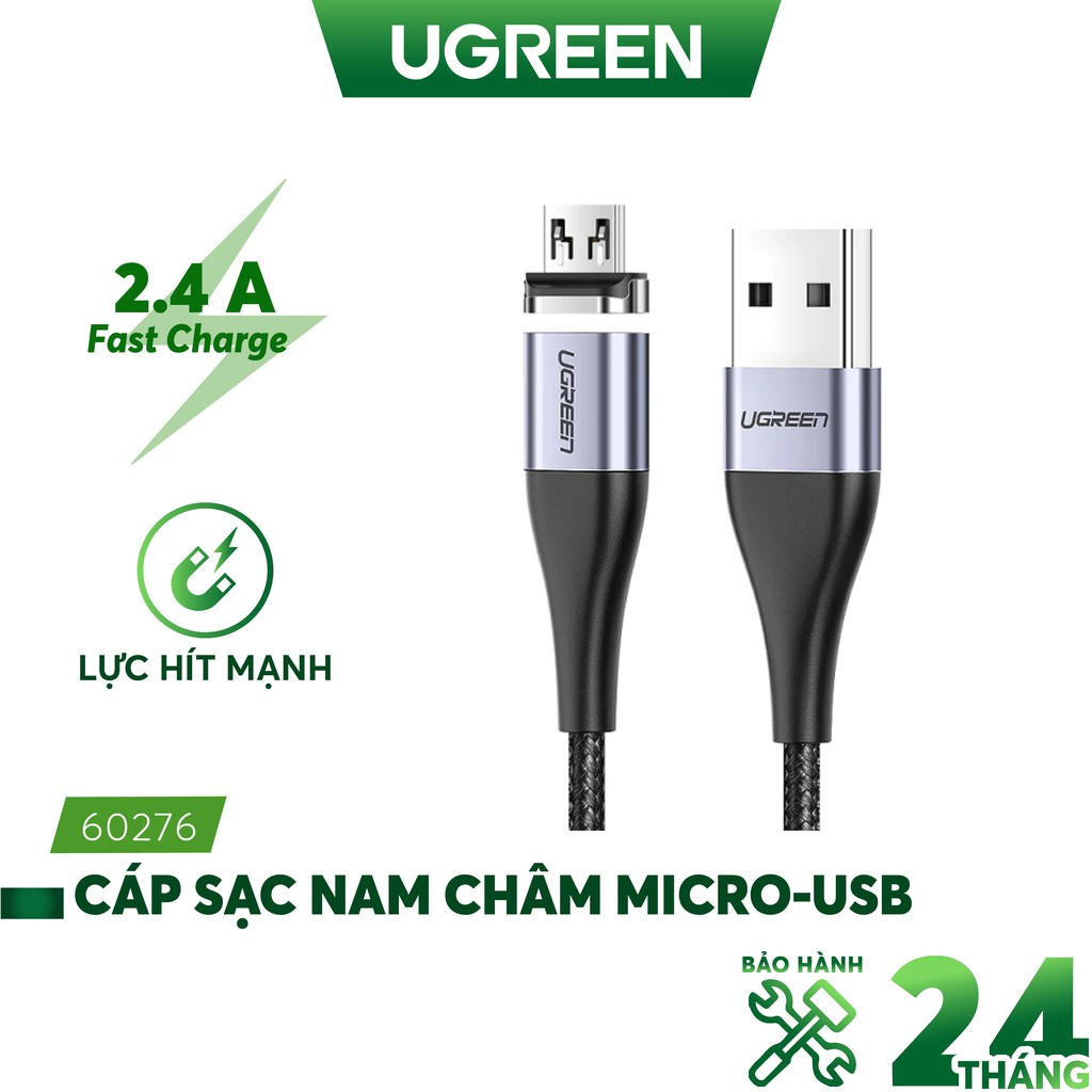 Cáp sạc nhanh nam châm UGREEN 60276 Đầu Micro USB Sạc nhanh dòng 2.4A - Hàng nhập khẩu chính hãng