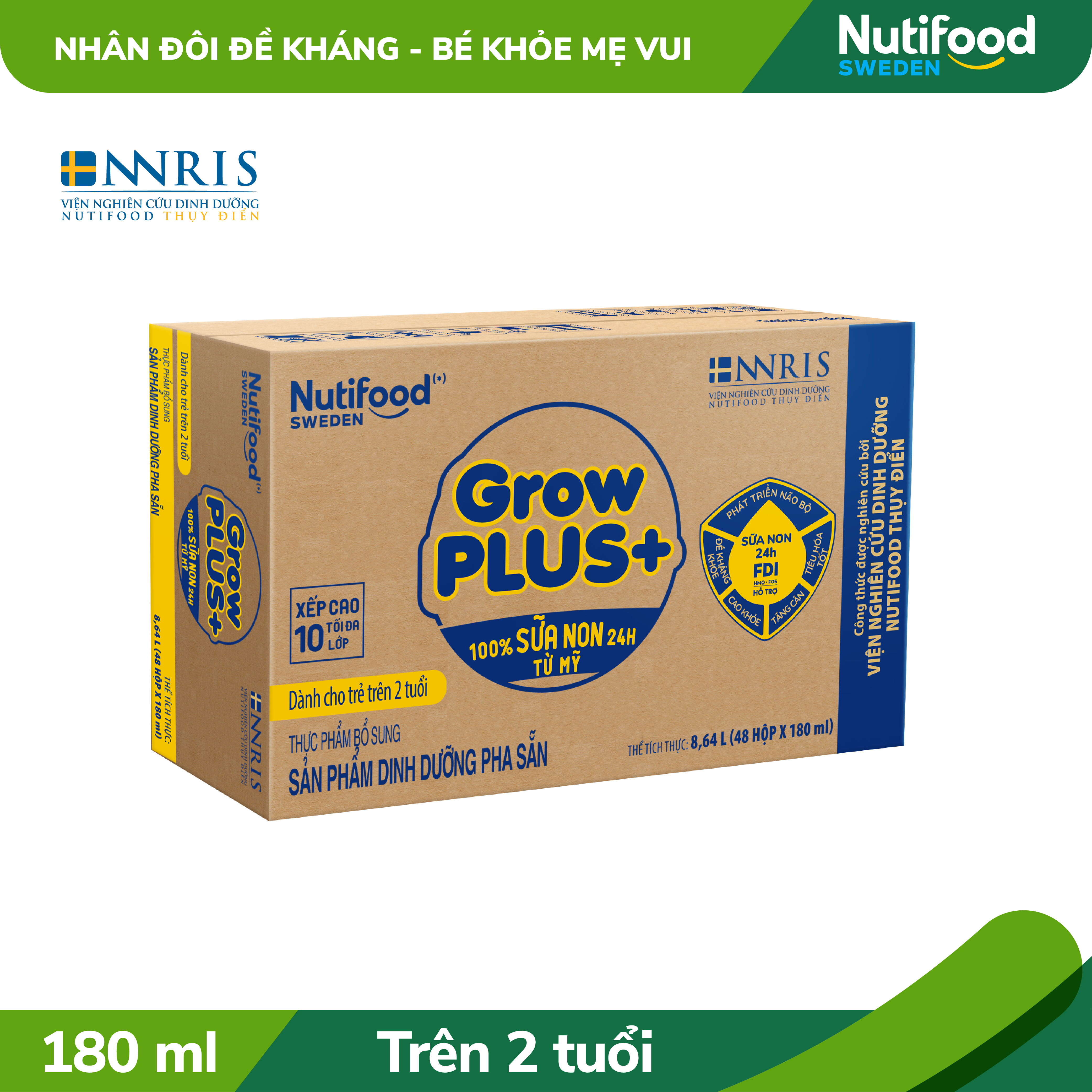 Thùng sữa bột pha sẵn Nutifood GrowPLUS+ Sữa Non Tăng Đề Kháng 2+ (48 hộp x 180ml)