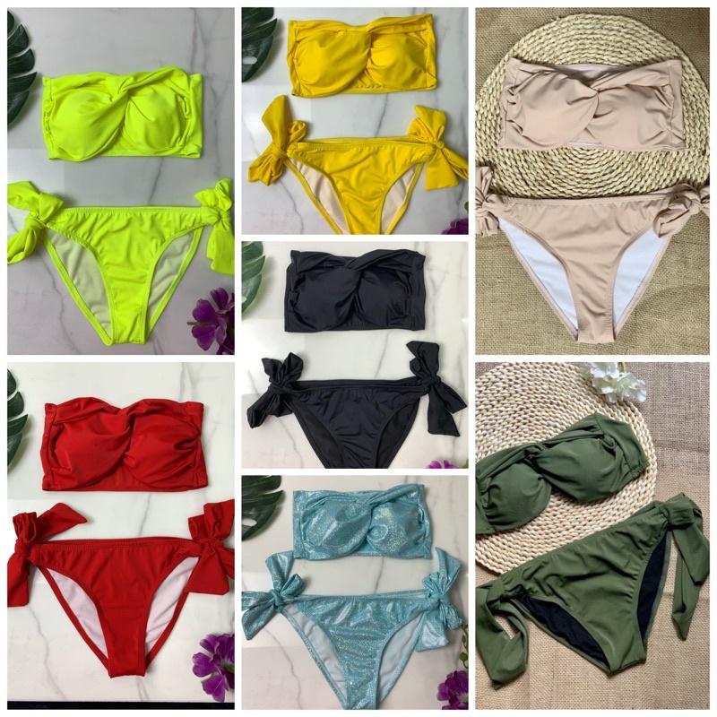 Bikini 2 mảnh áo xoắn cup ngực quần buộc nơ