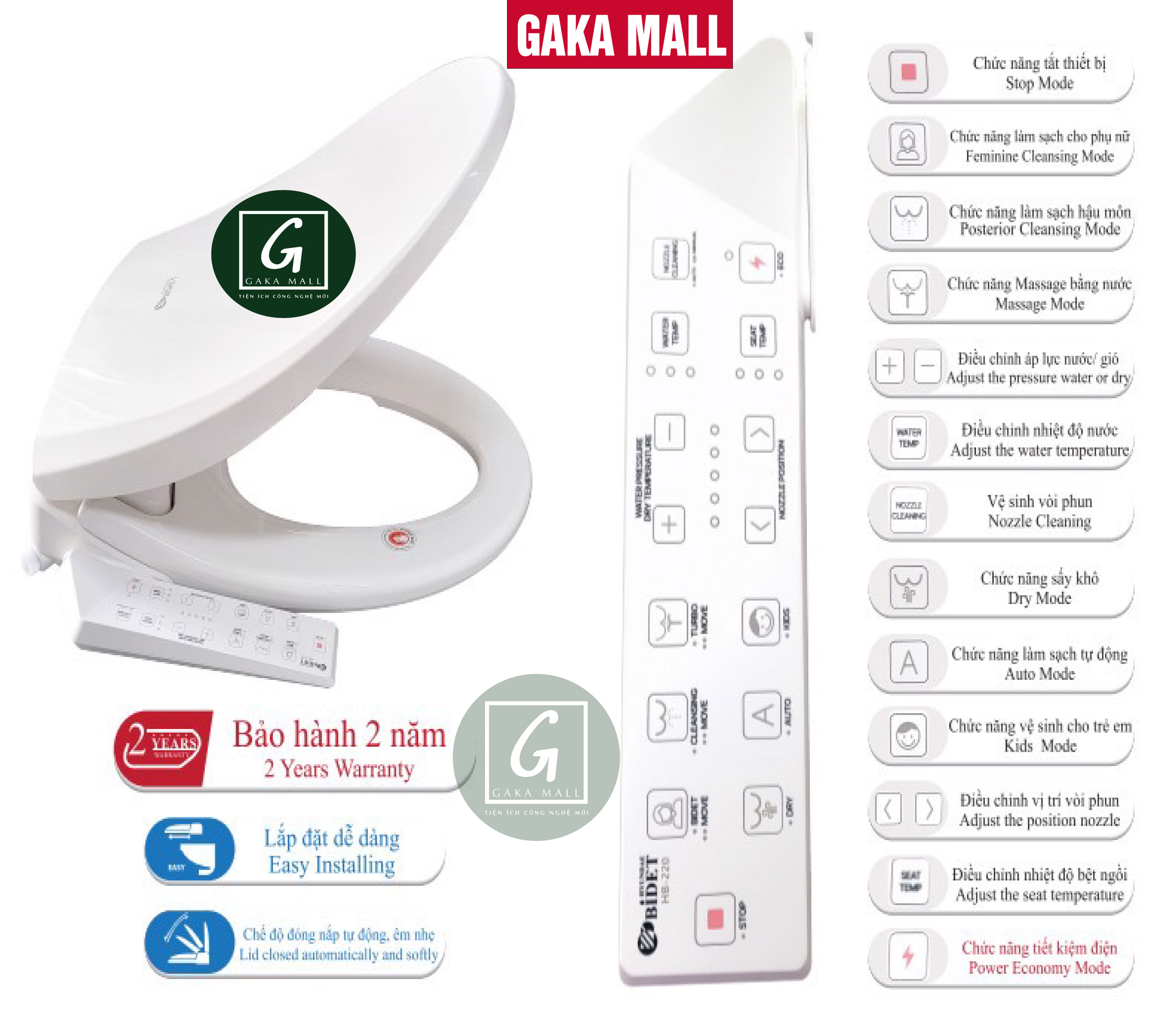 Nắp Rửa Bồn Cầu Điện Tử Thông Minh Hyundae Bidet HB220 Nhập Khẩu Hàn Quốc, BH 2 Năm Chống Nước IPX5, Sưởi Bệt Sấy Khô