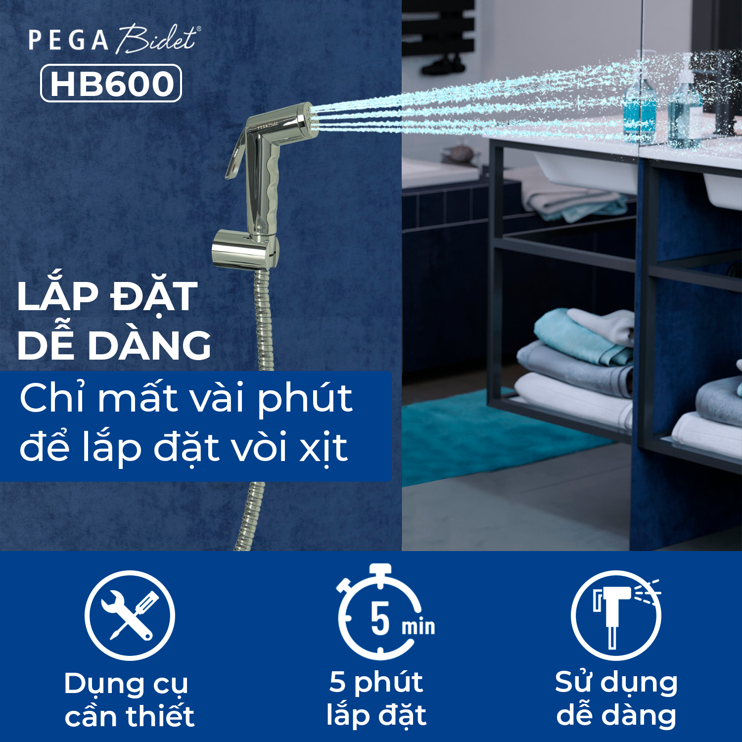 Bộ vòi xịt vệ sinh cầm tay PEGA Bidet HB600, dây cấp nước 1.2m inox 304, đầu vòi bằng nhựa mạ crôm, giá treo mạ crôm, bảo hành 12 tháng