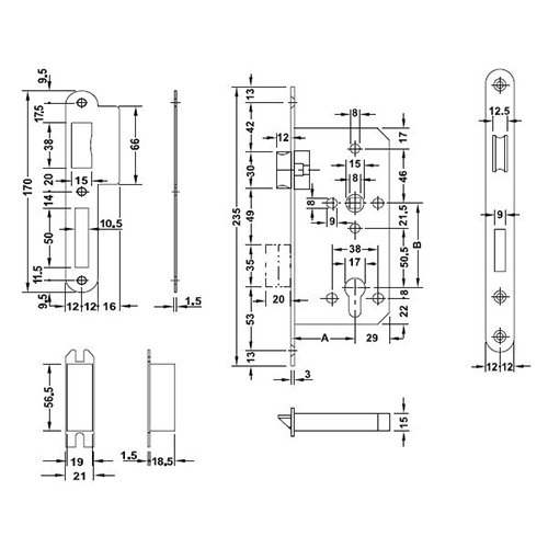 Thân khóa lưỡi gà chốt chết Hafele C/C 72mm - Inox mờ/911.02.153