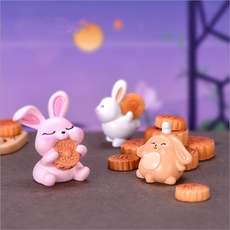 Mô hình tiểu cảnh Trung thu với thỏ mập mũm mĩm và bánh nướng dùng trang trí nhà búp bê, terrarium, móc khóa, DIY