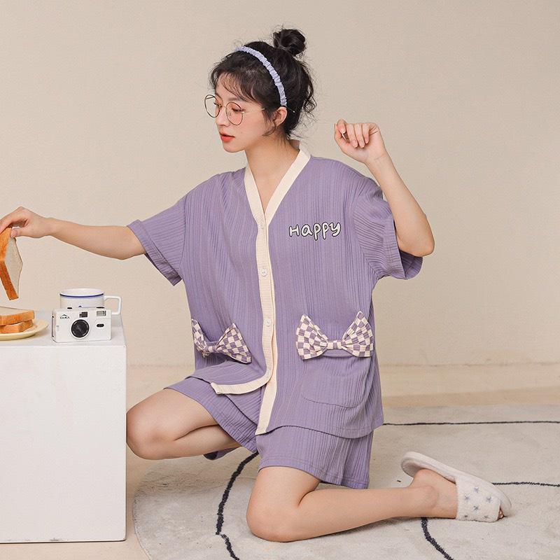 Bộ Ngủ Cộc Tay Quần Sooc Cotton- Đồ Ngủ Cổ V Cài Khuy Mềm Mại Hàng Loại Đẹp