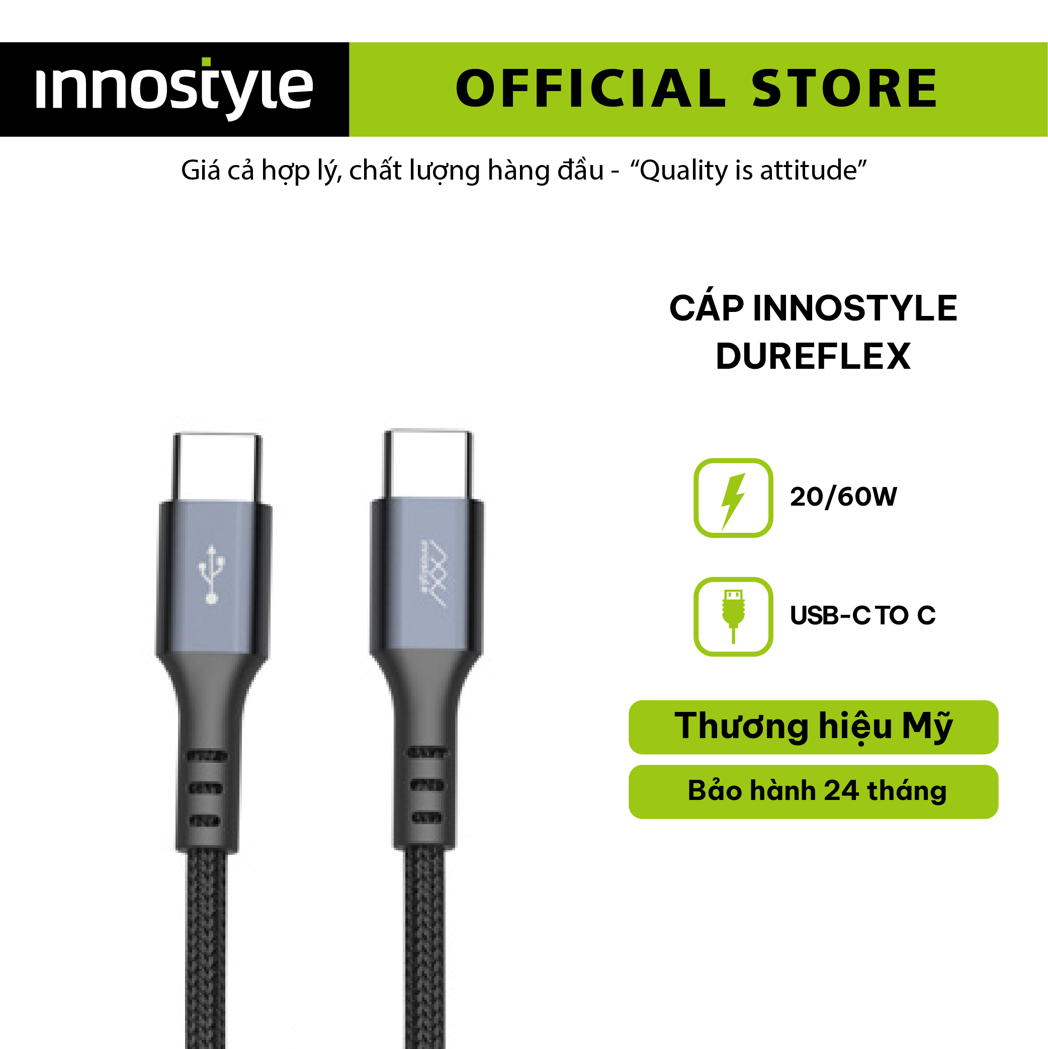 Cáp C to C Innostyle DuraFlex Chuẩn PD 60W Dài 1.5m Cho ICC150 - Hàng Chính Hãng