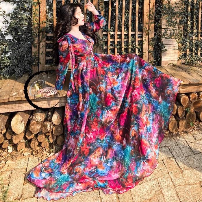Đầm Maxi Du Lịch Tay Dài Nhấn Eo Cực Tôn Dáng