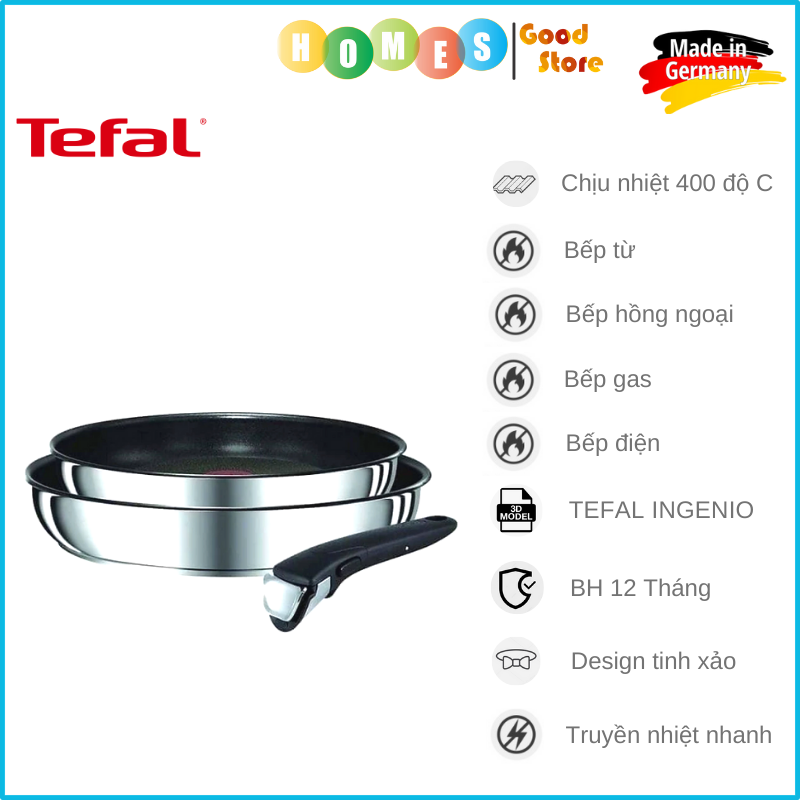 Bộ Chảo Tay Rời Phủ Titanium Excellence TEFAL Ingenio Preference 22+26 Cm - Nhập Khẩu Đức Bền Gấp 6 Lần Chảo Thường - Hàng Nhập Khẩu