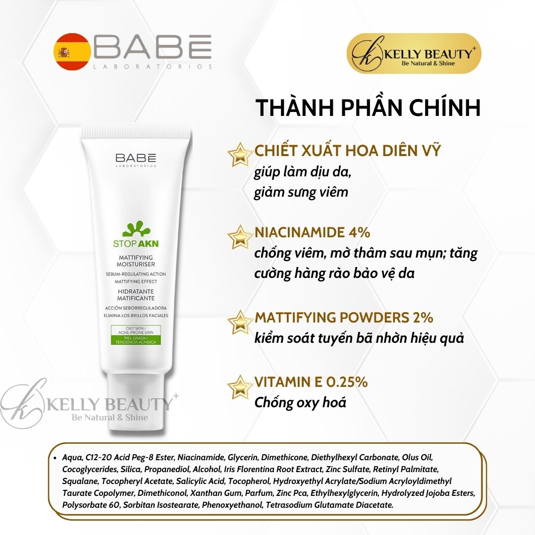 Kem Dưỡng Kiềm Dầu Ngừa Mụn BABE Stop AKN Mattifying Moisturiser - Kelly Beauty